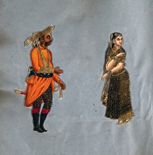 view A Bundela man and wife of south India. Gouache painting.