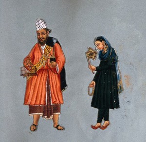 view A Fakir man and wife of south India. Gouache painting.