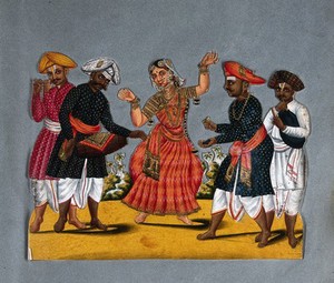 view A dancing woman with four male musicians of south India. Gouache painting.