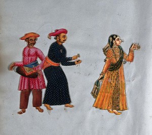 view A Muslim dancing woman with two male musicians of south India. Gouache painting.