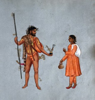 An Indian mendicant man and his wife, of the "Bynagy" caste. Gouache painting.