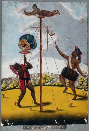 view Indian acrobats performing. Gouache painting.