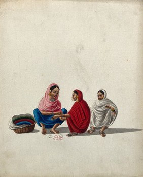 A woman selling bangles, helps a customer to try on some bangles. Gouache painting by an Indian artist.