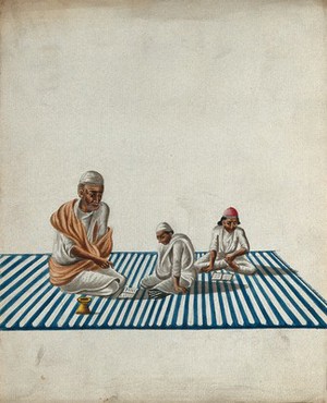 view A Muslim teacher giving lessons to two children. Gouache painting by an Indian artist.