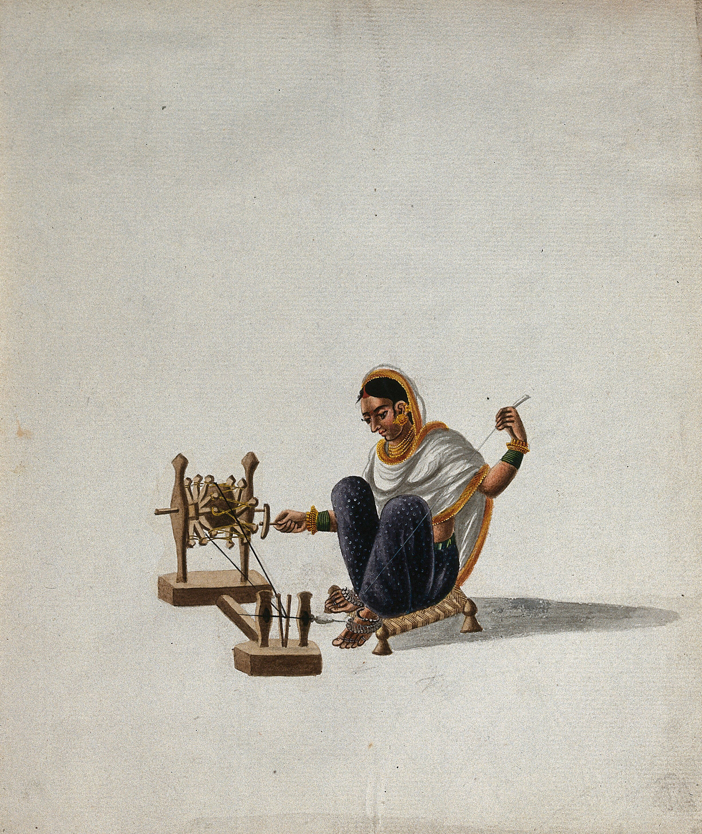 A Woman Sitting On A Low Stool And Spinning Thread Gouache
