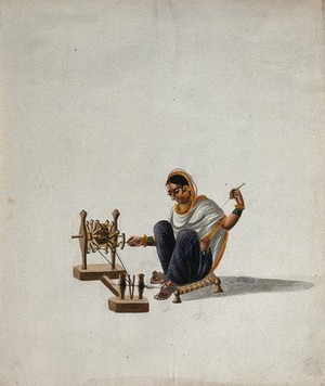 view A woman sitting on a low stool and spinning thread. Gouache painting by an Indian artist.