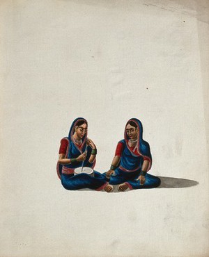 view Two women in blue and red sarees sitting together. Gouache painting by an Indian artist.