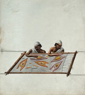 Two men embroidering a piece of cloth stretched out on a frame. Gouache painting by an Indian artist.