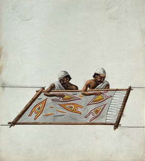 view Two men embroidering a piece of cloth stretched out on a frame. Gouache painting by an Indian artist.