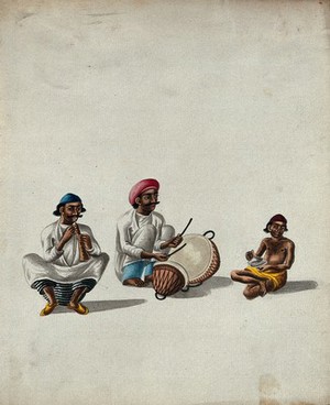 view Three musicians sitting with their instruments. Gouache painting by an Indian artist.