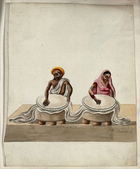 A man and a woman rubbing a piece of batik cloth (?). Gouache painting by an Indian artist.