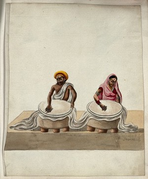 view A man and a woman rubbing a piece of batik cloth (?). Gouache painting by an Indian artist.