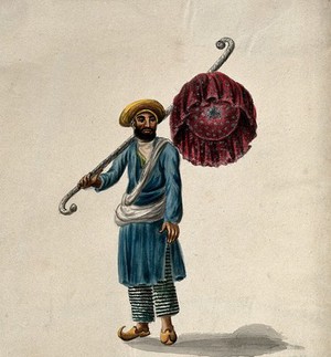 view A man carrying a canopy, to be used as a umbrella (?). Gouache painting by an Indian artist.