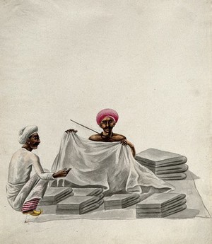 view A cloth seller, measuring a piece of cloth for a customer. Gouache painting by an Indian artist.