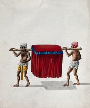 view Two men carrying a covered palaquin, with a face peering out. Gouache painting by an Indian artist.