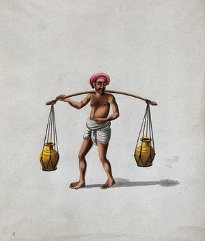view A man carrying a wooden pole (yoke) with pots suspended on either ends. Gouache painting by an Indian artist.