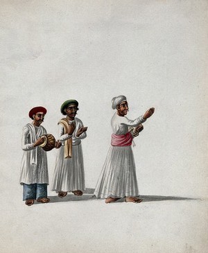 view Three musicians performing. Gouache painting by an Indian artist.