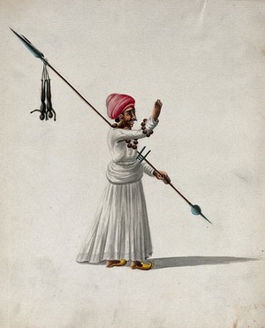 view A man holding a spear with two puppets (?) hanging from one end, calls out to someone. Gouache painting by an Indian artist.