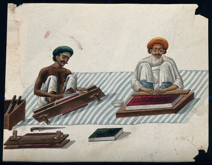 Two men binding books. Gouache painting by an Indian artist.