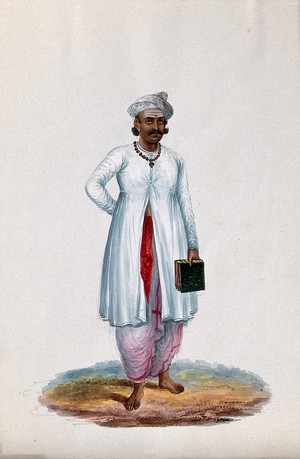 view An Indian accountant (?) carrying a book. Gouache painting by an Indian artist.