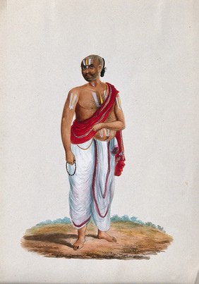 A pandit (Indian priest) holding prayer beads. Gouache painting by an Indian artist.