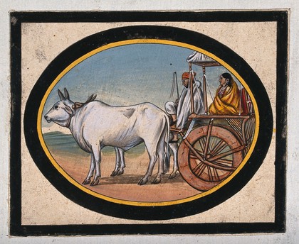 A woman in a yellow sari, riding in a carriage drawn by bullocks. Gouache painting by an Indian artist.