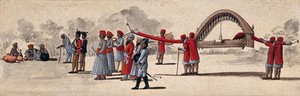 view Four men carrying a long palanquin, preceded by guards and attendants. Gouache painting by an Indian artist.