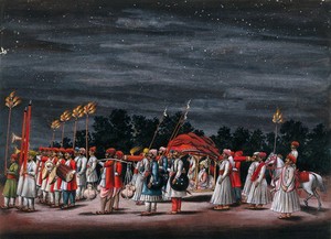 view A wedding procession by night; a groom sitting in a palanquin, preceded by musicians, torch-bearers, guards and attendants. Gouache painting by an Indian artist.