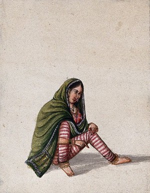 view A woman in a green chunni (scarf) sitting and pointing to the ground. Gouache painting by an Indian artist.