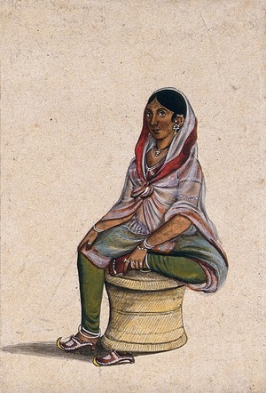 view A courtesan sitting on a cane stool. Gouache painting by an Indian artist.