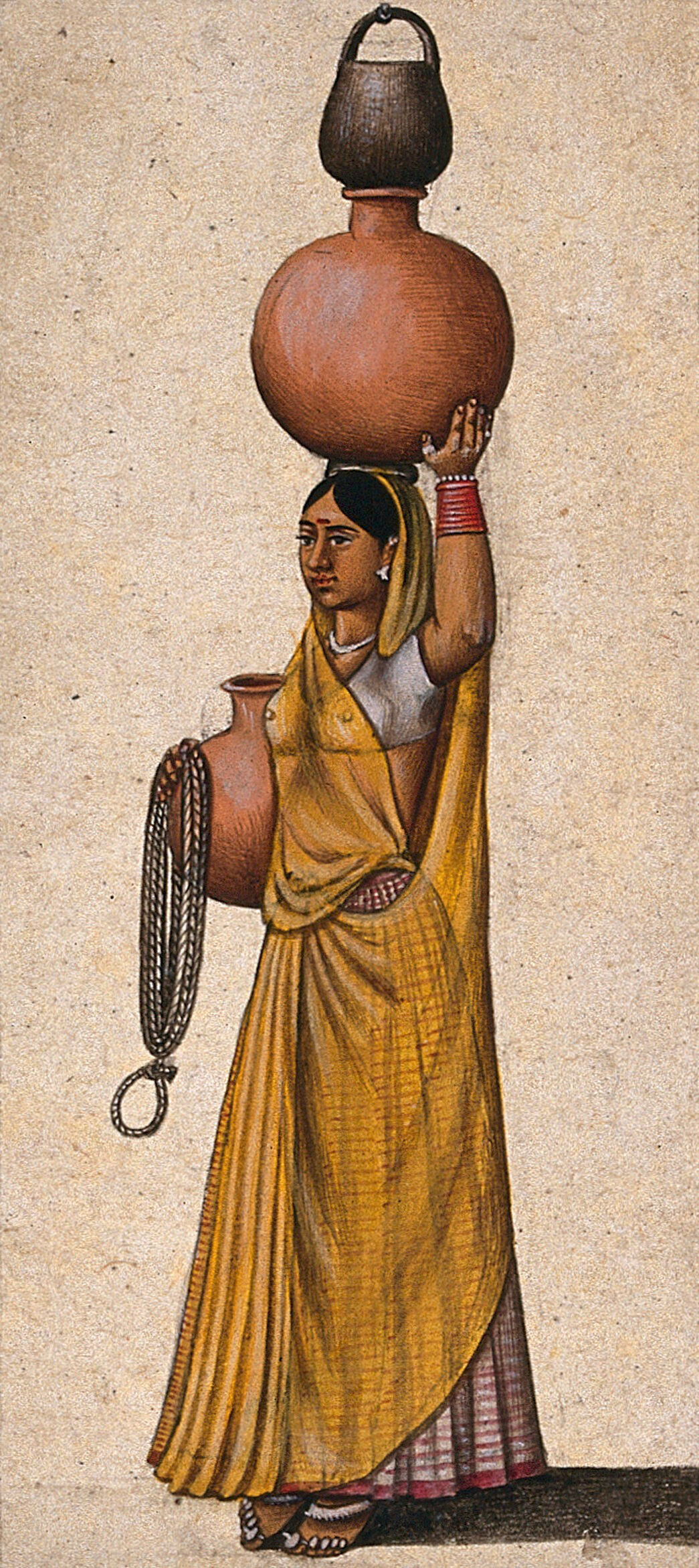 A Woman Carrying Two Earthenware Pots To Transport Water And A