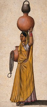 A woman carrying two earthenware pots to transport water and a rope and a black pot to draw water from the well. Gouache painting by an Indian artist.