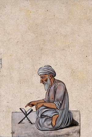 view A mullah (Muslim scholar) reading a book. Gouache painting by an Indian artist.