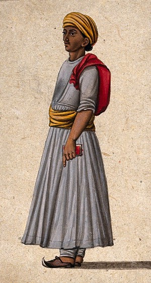 view An attendant wearing Lucknow style clothing holding a red book. Gouache painting by an Indian artist.