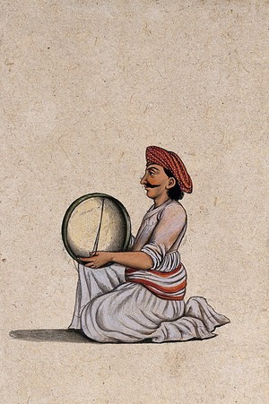 view A musician from Lucknow playing the tambourine. Gouache painting by an Indian artist.