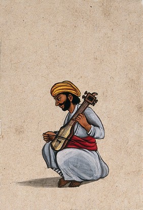 A musician playing the Indian violin. Gouache painting by an Indian artist.