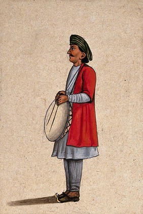 A musician playing an Indian percussion instrument, similar to the dhap. Gouache painting by an Indian artist.