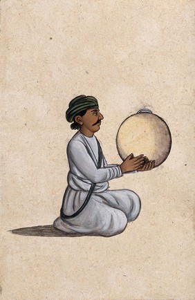 A musician playing a daf (Indian tambourine, with no jingles). Gouache painting by an Indian artist.