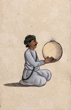 view A musician playing a daf (Indian tambourine, with no jingles). Gouache painting by an Indian artist.