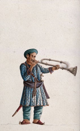 A musician playing an Indian bugle. Gouache painting by an Indian artist.