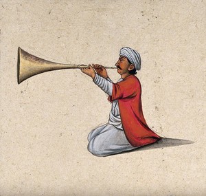 view An Indian musician playing a brass wind instrument. Gouache painting by an Indian artist.