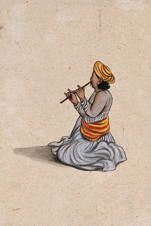 view An Indian musician playing a bansuri (flute). Gouache painting by an Indian artist.