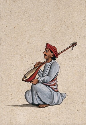 view An Indian musician playing a sitar (stringed instrument). Gouache painting by an Indian artist.