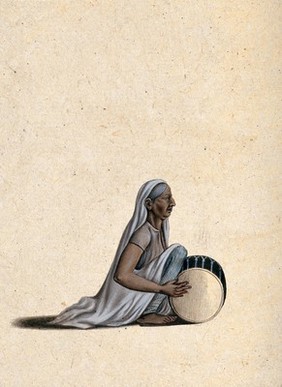 An old lady playing the dholak (Indian drum). Gouache painting by an Indian artist.