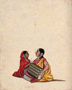 view Two women playing the dholak (Indian drum) and cymbals. Gouache painting by an Indian artist.