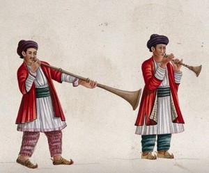 view Two musicians playing the shehnai (?), an Indian wind instrument. Gouache painting by an Indian artist.