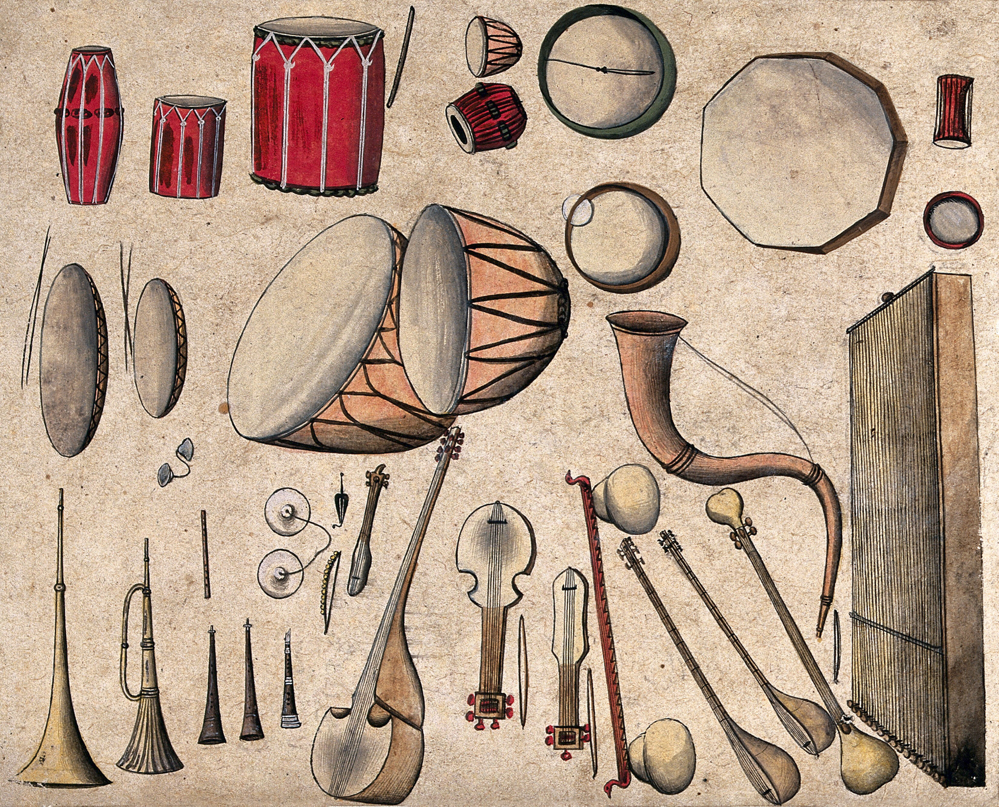 Indian Musical Instruments Gouache Painting By An Indian Artist