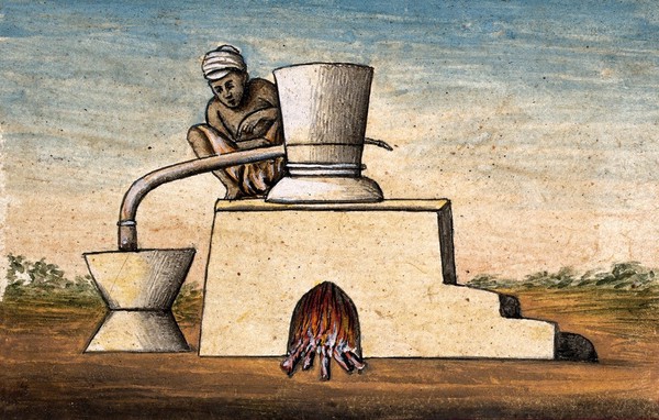 A man sitting on top of a device for cooking (?). Gouache painting by an Indian artist.