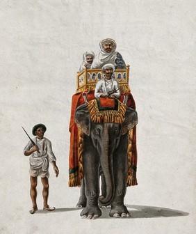 Two men riding on a elephant, along with the mahout, as a guard walks alongside. Gouache painting by an Indian artist.