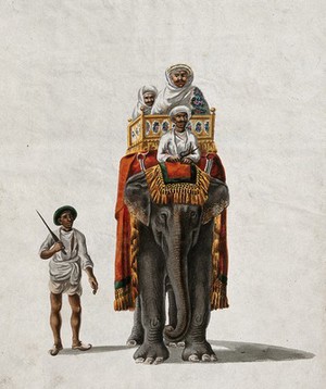 view Two men riding on a elephant, along with the mahout, as a guard walks alongside. Gouache painting by an Indian artist.